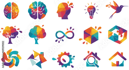 Collection of colorful abstract geometric logos and icons representing concepts like creativity, innovation, and business.