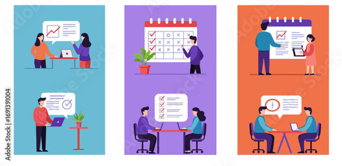 Set of flat vector illustrations depicting business concepts like teamwork, planning, scheduling, and meeting deadlines.