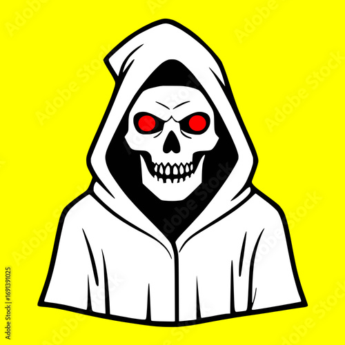 Yellow Death Hooded Grim Reaper Skull Face With Glowing Red Eyes
