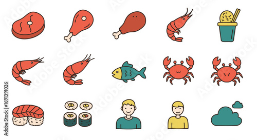 A diverse collection of colorful vector icons depicting various food items such as meat, seafood, and sushi, alongside people and a weather symbol.