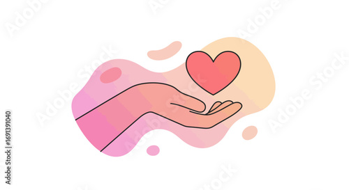 A stylized illustration of a hand holding a red heart, symbolizing love, care, charity, and kindness on an abstract background.