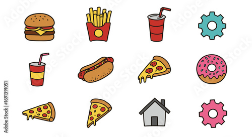 A collection of colorful cartoon icons of fast food items and generic symbols like gears and a house.
