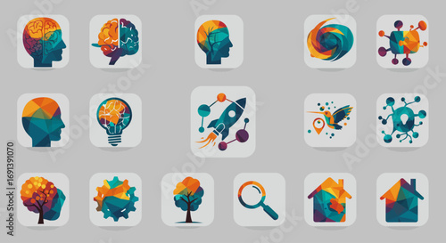 A collection of modern, colorful, geometric icons representing concepts like innovation, science, technology, and nature on a gray background.