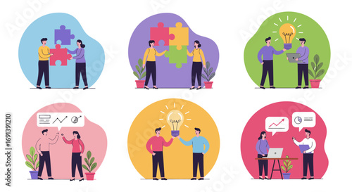 A collection of six flat vector illustrations depicting business teamwork, collaboration, problem-solving, and sharing creative ideas.