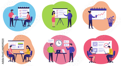 Set of six illustrations showing office workers engaged in project management, planning, teamwork, and business meetings.