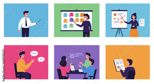 Collection of six illustrations depicting business professionals in various work scenarios like presentations, meetings, and analysis.