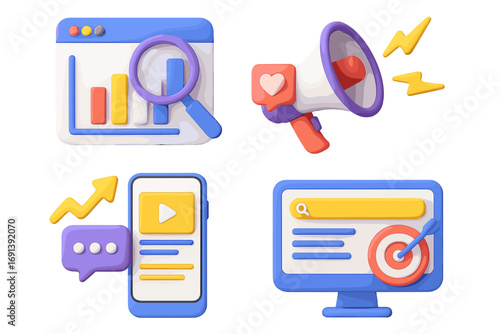 Modern 3D digital marketing and SEO optimization icon set. Social media promotion, data analysis, content strategy, advertising targeting concepts. Vector cartoon business icons.