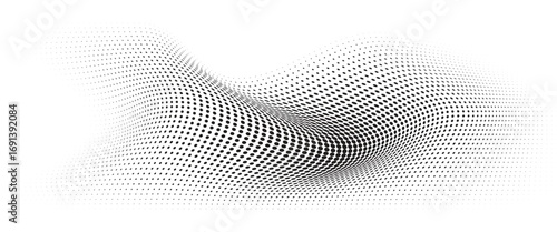 Flowing Wave Dot Halftone Pattern: Curve Gradient Shape on Transparent Background. Suitable for AI, Tech, Network, Digital, Science, and Technology Themes.