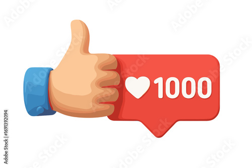 3D like hand with thumb up. Social media notification with like counter. Icon for post appreciation, web symbol with heart. Success and popularity concept. Vector cartoon.