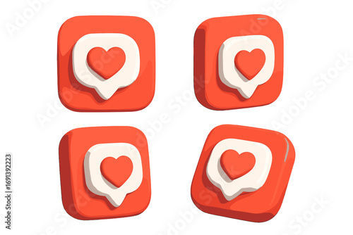 3D social media like icon set. Heart notification symbol for web and app design. Vector cartoon render illustration of love emoji message, different angles on white background.