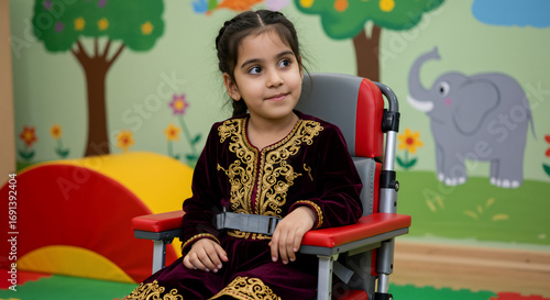 A thoughtful little girl sits in a supportive chair in a cheerful playroom