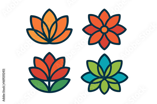 Set of colorful abstract flower logo icons. Modern floral lotus collection for beauty, spa, yoga, and wellness branding. Vector graphic element set for decorative nature symbols.