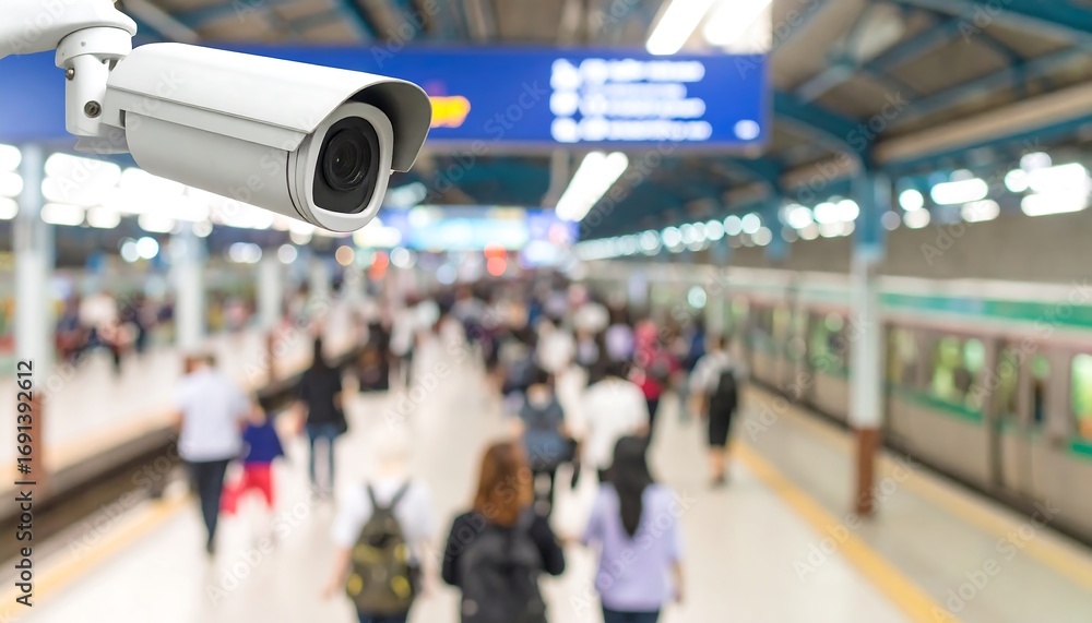 Fototapeta premium Security camera above crowded subway station