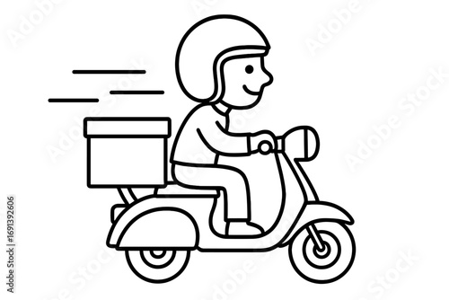 Fast delivery service by scooter. Courier on moped delivering food or package. E-commerce shipping concept. Man rider with box. Logistics transport icon for web, apps. Vector outline illustration.