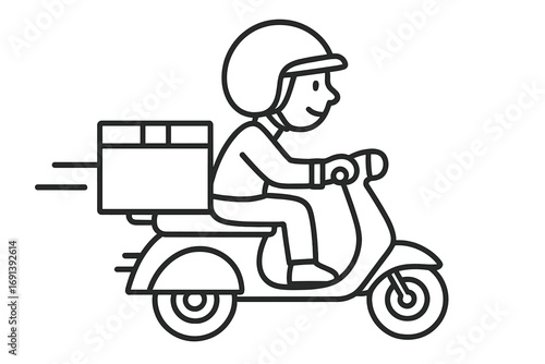 Delivery service by courier on a fast scooter. Man on a moped with a box for shipping. Vector line art concept for logistics, e-commerce, and food delivery apps.