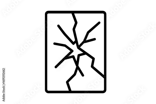 Broken glass line icon. Shattered window or phone screen symbol. Crack from impact. Concept of damage, accident, fragility, vandalism, destruction, failure, brokenness.