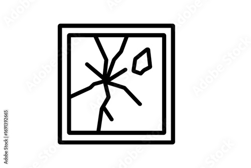 Broken glass icon. Shattered window pane symbol. Minimalist outline illustration of crack, damage, and destruction. Vandalism or accident concept with glass shards. Vector.