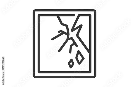 Broken glass window icon. Cracked and shattered pane symbol. Concept of damage, fragility, destruction, vandalism. Fragile sign. Minimal thin outline vector illustration.