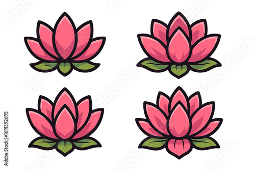 Lotus flower logo design vector set. Pink water lily cartoon icon collection. Symbol for yoga, spa, wellness. Beauty, spiritual, meditation, harmony, nature, floral.