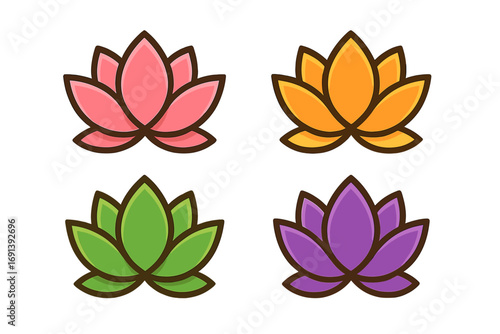 Colorful lotus flower logo icon set. Vector illustration for yoga, spa, wellness, and beauty. Zen meditation symbol. Natural floral graphic element collection for design.