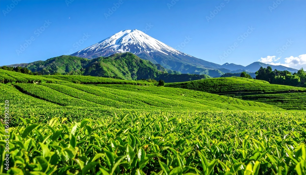 Fototapeta premium Lush tea fields with snowy mountain