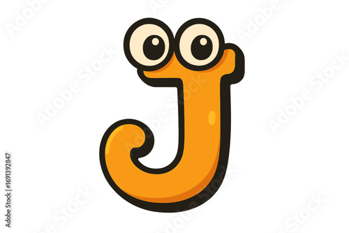 Letter J monster character. Cute alphabet with eyes. Funny cartoon font for kids. Orange initial for children's books, learning, or education. Playful vector logo design.