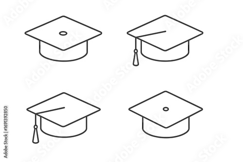 Graduation cap isometric icon set. Academic mortarboard outline collection. University education and college degree concept. Vector for student success, learning, ceremony.