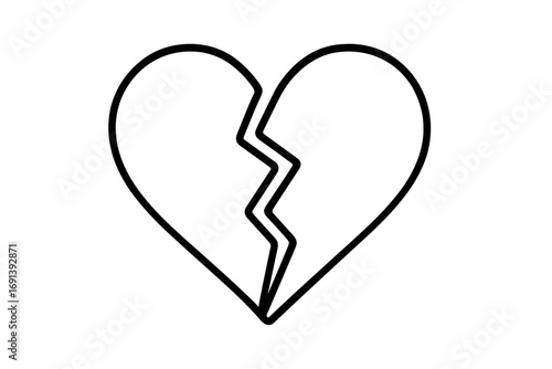 Broken heart icon vector symbol of heartbreak, sadness, and divorce. Love lost concept illustration. Simple linear outline drawing for emotional pain, separation, and grief.