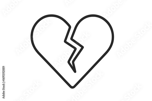 Broken heart icon symbol of heartbreak and sadness. Metaphor for divorce, separation, and relationship problems. Linear outline vector for love lost, sorrow, and pain.