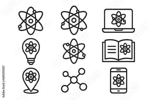 Atom line icon set for science and technology projects. Vector symbols of physics, chemistry, nuclear energy, and research. Includes molecule, laptop, book, and idea icons. Editable stroke.