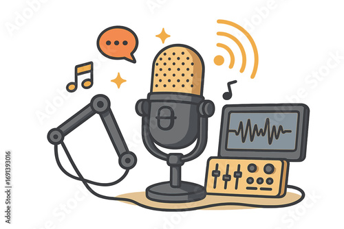 Podcast microphone vector illustration for a broadcast show. Cartoon audio equipment for a recording studio. Sound wave on mixer. Media interview and streaming concept.