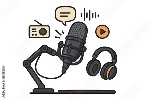Podcast microphone equipment for a broadcast show or live streaming. Cartoon vector illustration of a studio setup with headphones, radio, and sound wave for online media.