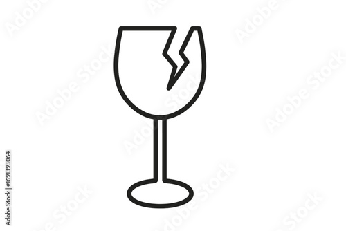 Fragile packaging symbol of a broken wine glass. Handle with care icon for shipping and logistics. Vector line art illustration of a cracked goblet for cargo and delivery services.