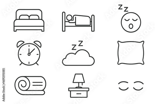 Sleep thin line icon set. Bed, dream, relax, bedroom, insomnia and night concepts. Editable stroke vector icons of pillow, alarm clock, sleeping mask for web design.