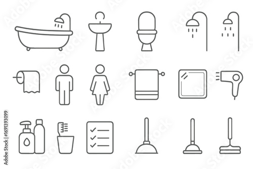 Bathroom and toilet thin line icon set. Vector outline symbols for hygiene, restroom, and personal care. Includes pictogram, furniture, and cleaning tools for web design.