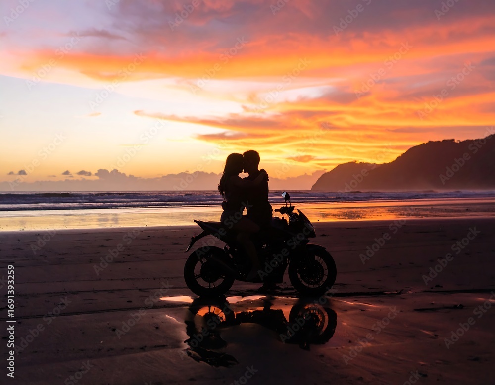 Obraz premium Silhouette of couple on motorcycle at sunset beach