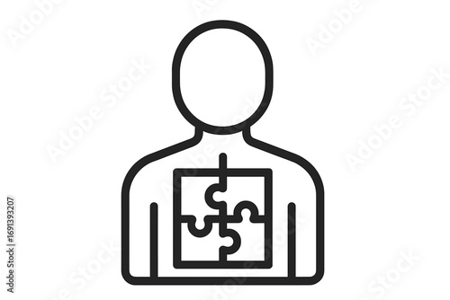 Person icon with puzzle inside. Metaphor for psychology, mental health, identity and self awareness. Concept of autism, therapy, personality and finding a solution.