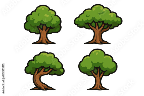 Cartoon tree vector collection. Set of four simple flat style nature icons for game assets or kids design. Isolated forest, park, and wood graphic elements for web or print.