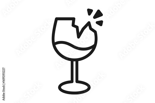 Broken wine glass thin line icon. Fragile warning symbol for packaging and shipping. Vector of shattered glassware. Concept for accident, failure, bad luck, or end of a party.