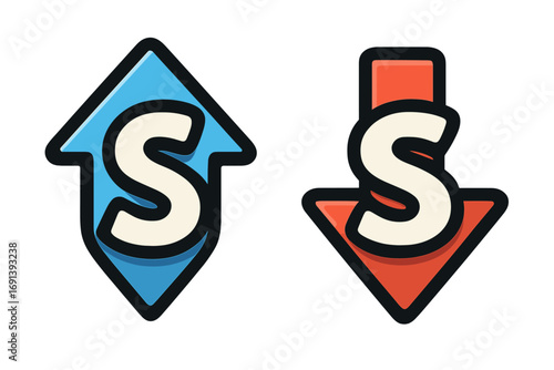 Modern cartoon up and down arrow icon set with letter S. Vector logo design for voting, rating, or direction. Business symbol for increase, decrease, success, failure.