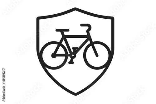 Bicycle protection shield icon. Bike safety and security symbol. Cycling insurance logo. Bicycle repair service emblem. Velo safe guard sign. Bike club vector graphic.