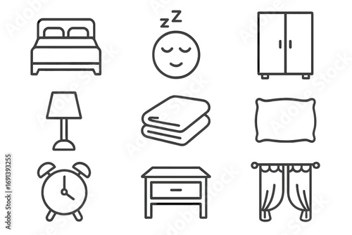 Bedroom furniture icon set. Thin line icons for sleep, rest, and morning routine. Bed, pillow, lamp, nightstand, alarm clock, wardrobe symbols. Home interior design vector pack. Editable stroke.