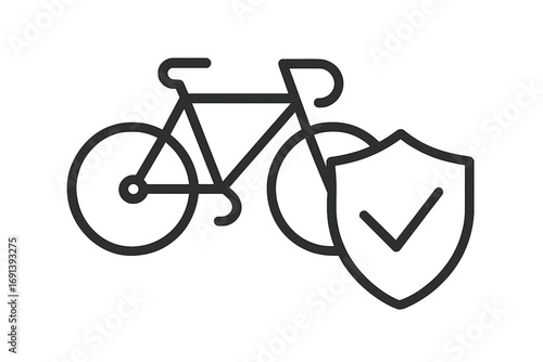Bicycle insurance icon. Bike with shield and checkmark. Concept for bike safety, security, protection, warranty, and guarantee. Linear vector symbol for web design.