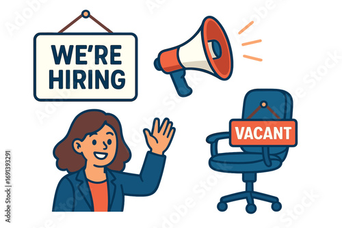 We are hiring concept illustration. Recruitment and open vacancy announcement. Join our team. Job opportunity. Employee search. Vacant office chair. Character waving hand. Megaphone.