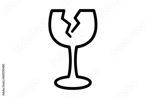Broken wine glass icon. Fragile symbol for packaging. Handle with care warning sign for shipping. Vector illustration of a cracked wineglass. Concept of fragility and risk.
