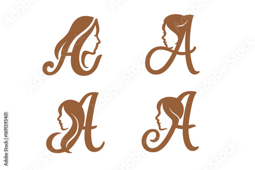 Beauty monogram letter A logo design set. Woman face silhouette. Hair salon, spa, cosmetics icon. Feminine concept for brand identity. Elegant initial vector illustration.