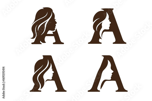 Letter A logo set with woman face silhouette. Beauty salon monogram. Hair cosmetics spa icon. Elegant feminine brand identity. Vector illustration for fashion, skincare.