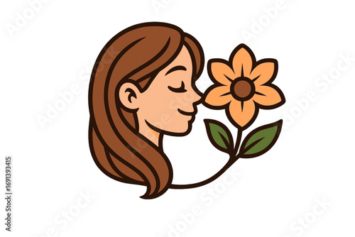 Woman smelling flower scent vector logo. Beautiful girl face in profile enjoying nature's fragrance. Cartoon icon for beauty, spa, wellness, aromatherapy, and natural products.