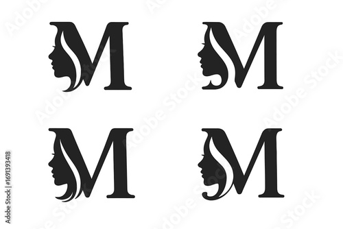 Letter M logo with woman face silhouette. Beauty salon, spa, cosmetics monogram icon. Elegant feminine initial for makeup artist, hairdresser. Hairstyle logotype set. Vector.