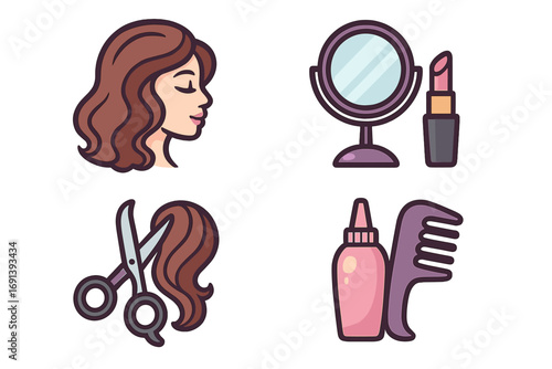 Beauty salon and hairdresser icon set. Vector cartoon illustration of a woman's profile, scissors cutting hair, lipstick, mirror, comb, and dye. Cosmetic and hairstyle concept.